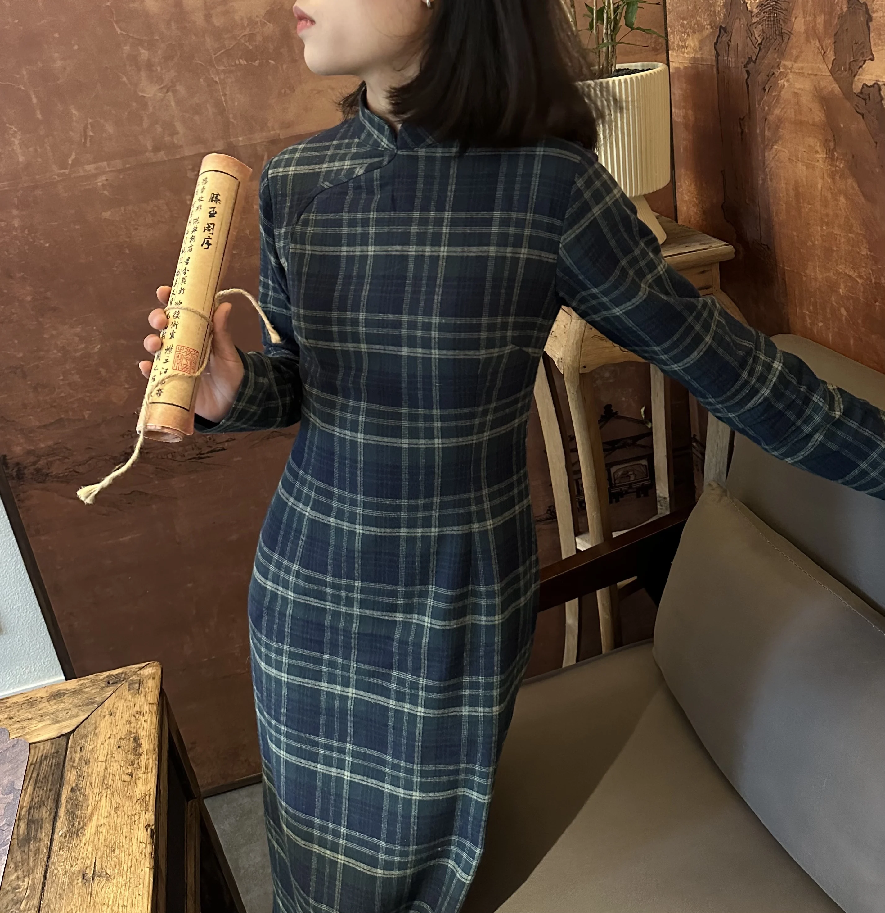 

Женское модное элегантное платье из чистого хлопка с длинными рукавами, синее в клетку, в ретро-стиле, традиционный китайский костюм