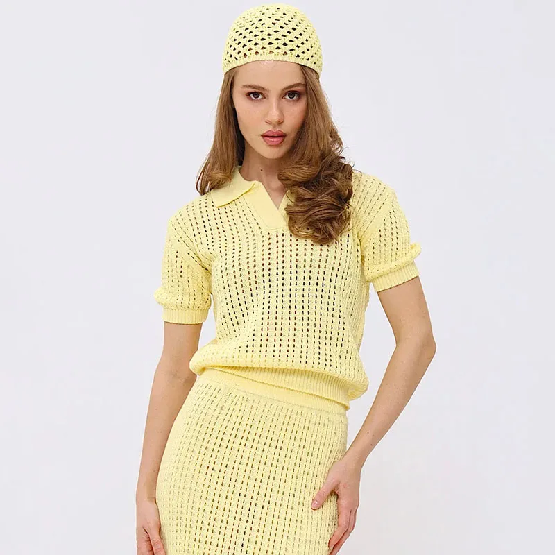 

Tornova Hollow Knitted Short Sleeve T shirt For Women Sexy Casual Lapel Sweater Top Fashion Solid Pullover Knit T shirt 2025 New