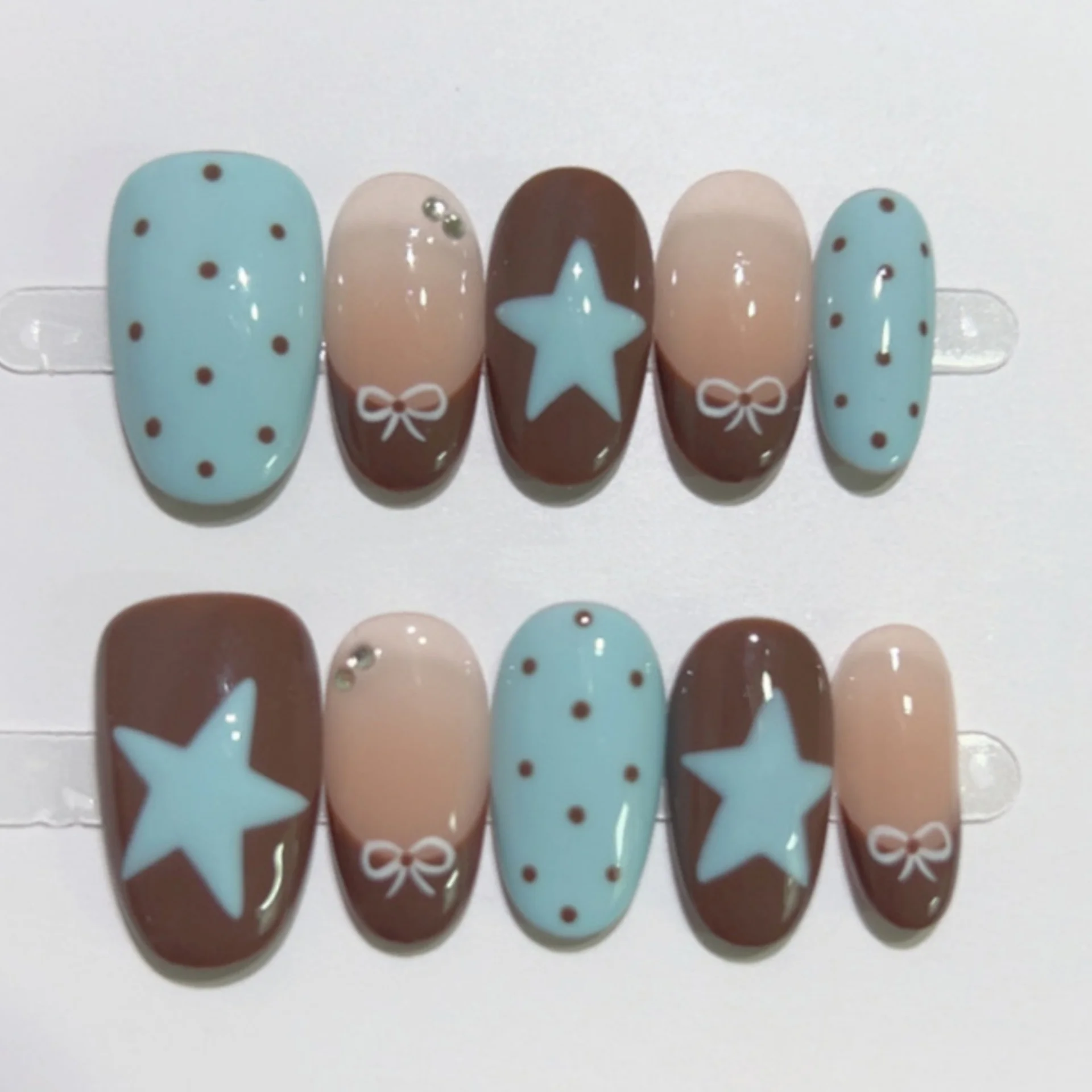 

10pcs Short Oval Handmade False Nails Star Bow Stick on Nail Tips Blue Autumn Fake Nail for Girl Reusable French Press on Nails