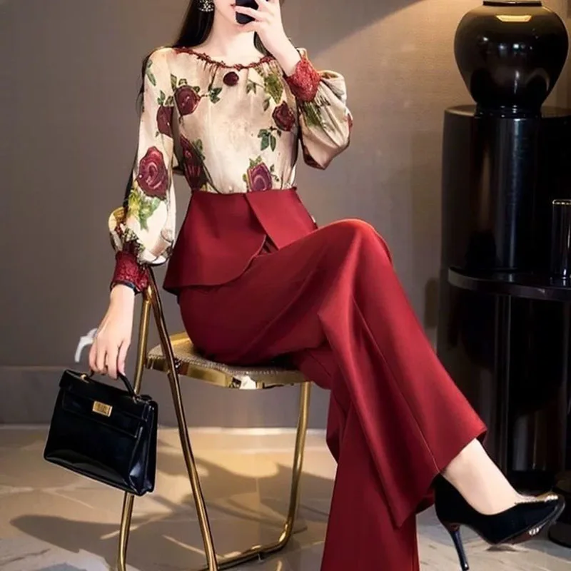 

Spring Autumn Women New Temperament Elegant Countryside Style Chinese High-end Feeling Red Flower Top Suit Pants Two-piece Set