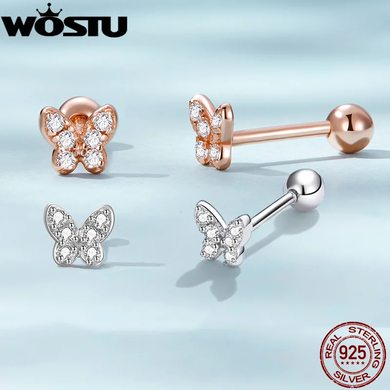 WOSTU 925 Sterling Silver Lovely Cute Butterfly Stud Earrings For Women Clear CZ  Rose Gold Mini Ear Studs Wedding Party Jewelry