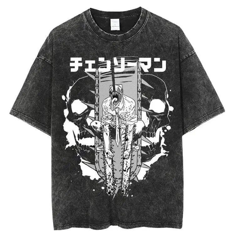 2026 Anime Chainsaw Man Grafikdruck T-Shirt für Herren und Damen, gewaschenes T-Shirt, hochwertiges Vintage Baumwoll-T-Shirt, Y2K Oberteile
