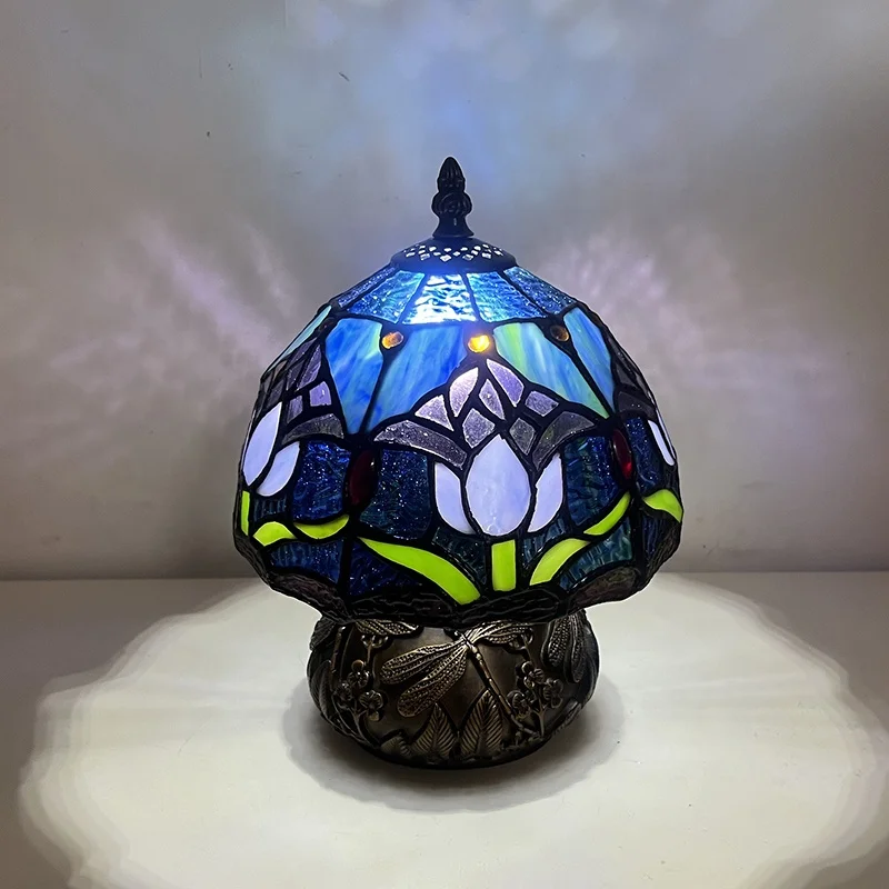 8 Inch Scandinavian Style Blue Stained Glass Dome Shade AC Powered Bedside & Reading Table Lamp