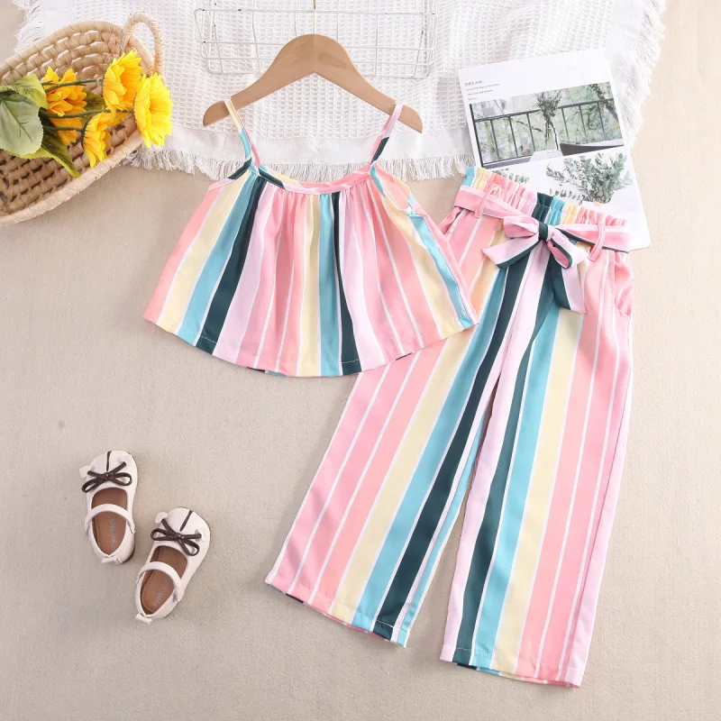 

2024 Summer New Girls Pullovers Contrast Color Striped Sling Fashion Sweet Loose Elastic Drawstring Bow Comfortable Pants Set