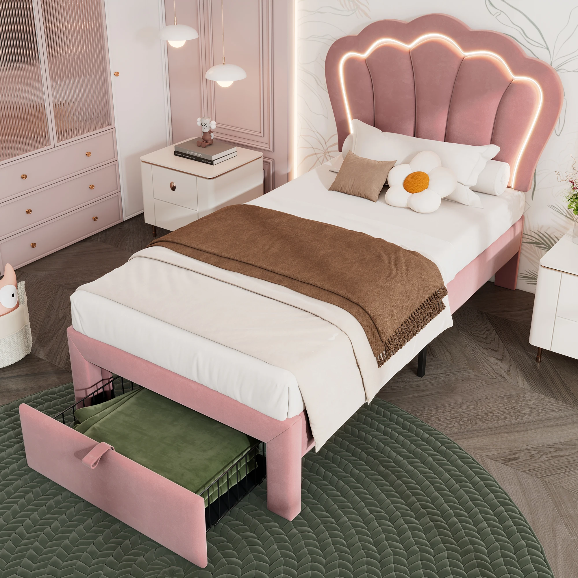 Lit enfant simple 90 × 200 cm, LED réglable, 1 tiroir et tête de lit réglable - sans matelas, velours-rose