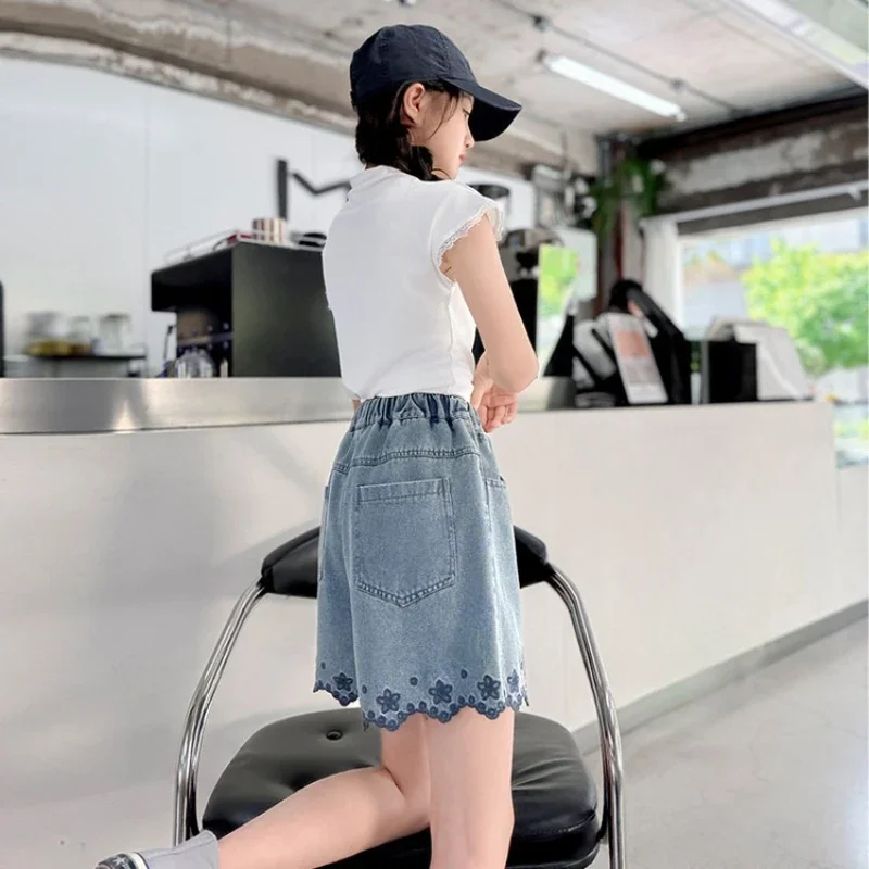 

2025 New Children's Summer Thin Embroidered Cotton Denim Five Quarter Pants