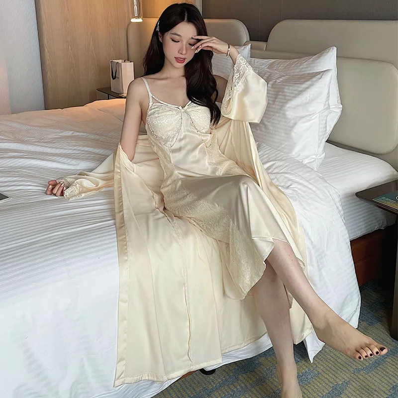 Lady Sexy Lace Trim Bathrobe Long Sleepshirt Palace Style Robe Set Vintage Ice Silk 2Pcs Sling Nightgown Home Dressing Gown