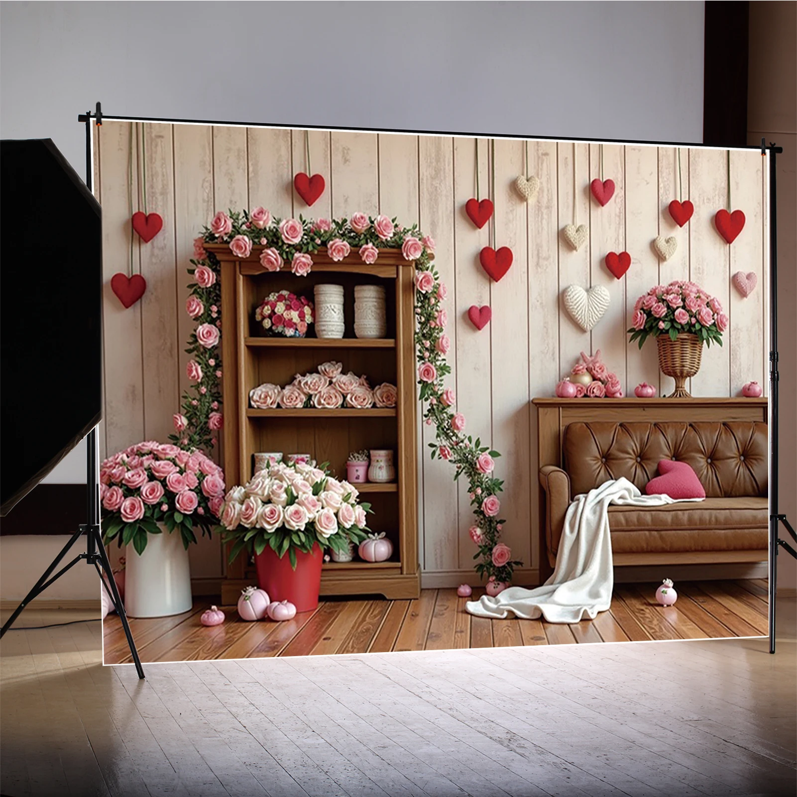 MOON.QG Valentines February 14 Photography Backdrop Wooden Plank Cabinet Photozone Background Wedding Love Photo Studio Sets
