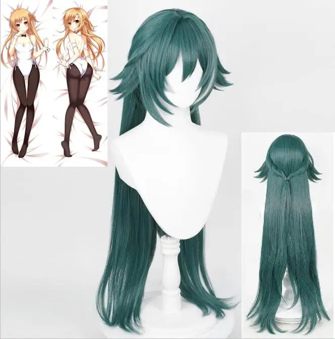 Wigs Cosplay Wig 90cm Dark Green Cosplay Wig Ear Heat Resistant Synthetic Hair Party Wigs Dakimakura Pillow Case Pillow Cover