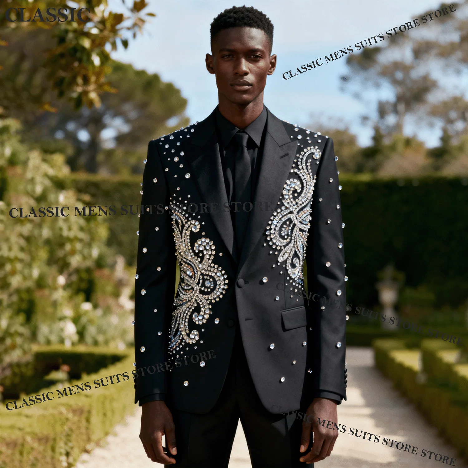 

Customized Glitter Coat Style Men Suit 2Piece Sets Groom Male Blazers Rhinestone Beaded Peaked Lapel Ropa hombre Wedding Tuxedos