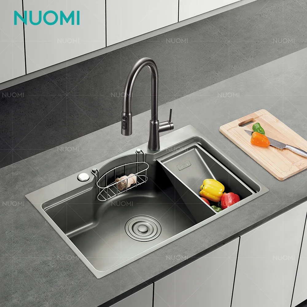 NUOMI CARLOW Multifunctional Kitchen Sink Stainless Steel Luxury Smart Basin Black Commercial Farmhouse Handmade Kitchen Sink