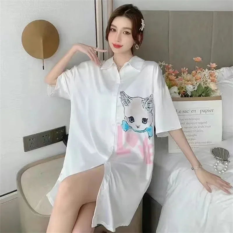 Women's Pajama Dress 2023 New High end Thin Style Large Size Shirt Dress Ladies Pajama Wearing Home Furnishing Dress