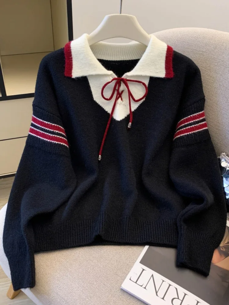 فضفاضة تناسب اللون بلو تريكو طوق وهمية قطعتين المرأة سترة الخريف جديد Sle كلية Sle محبوك