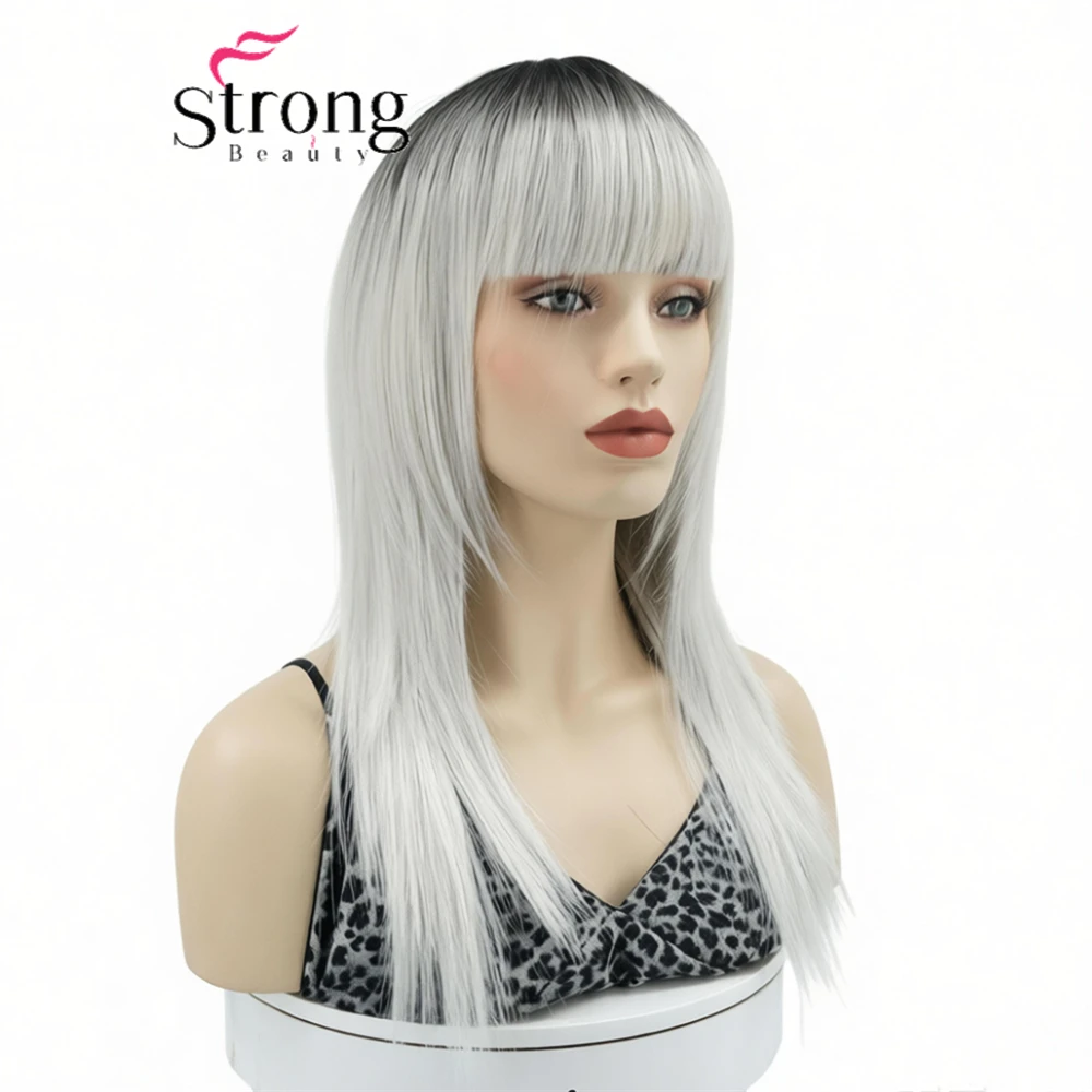 StrongBeauty Long Straight Hair Wigs Ombre Silvery White Blonde Color Swept Bangs Full Synthetic Wig for Women COLOUR CHOICES