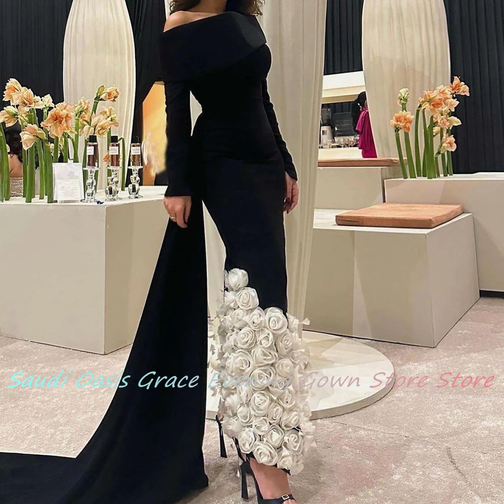 Exquisite and High Quality Straight Boat Neck Long Sleeves Evening Dress Floor Length 3D Flowers Ribbons Saudi Arabia 2024