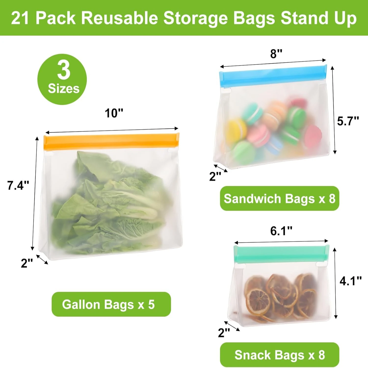 21 Pack Reusable  Bags (5 Gallon Freezer Bags+8 Reusable Sandwich Bags+8 Snack Ziplock Bags), Silicone Bags Reusable , Quart Bag