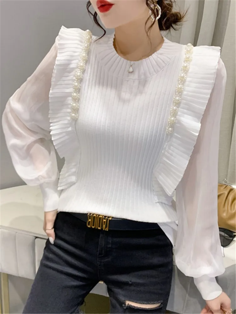 

2022 Spring Clothes New Korean Fashion Heavy Beads Sweater for Women Elegant Slim Fit All-Matching Knitted Bottoming Tops