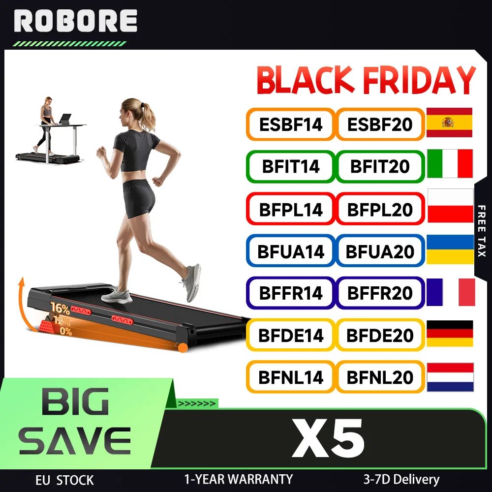 Tapis de marche ROBORE X5 avec inclinaison 16%, triple absorption des chocs, moteur sans balais silencieux 2,5 HP, vitesse 10 km/h, charge maximale 150 kg