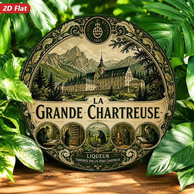 2D Flat, 1pc Vintage Monastery Art Round Metal Sign Wall Art, La Grande Chartreuse Wording, Mountain Monastery View, Ideal for S