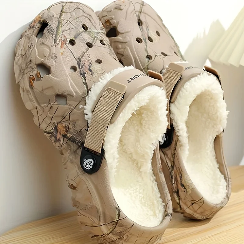 Men's Winter Camo Clogs Detachable Faux Fur Lining Warm Non-Slip Indoor/Outdoor Slippers Black EVA Casual Comfort Winter Shoes image 4
