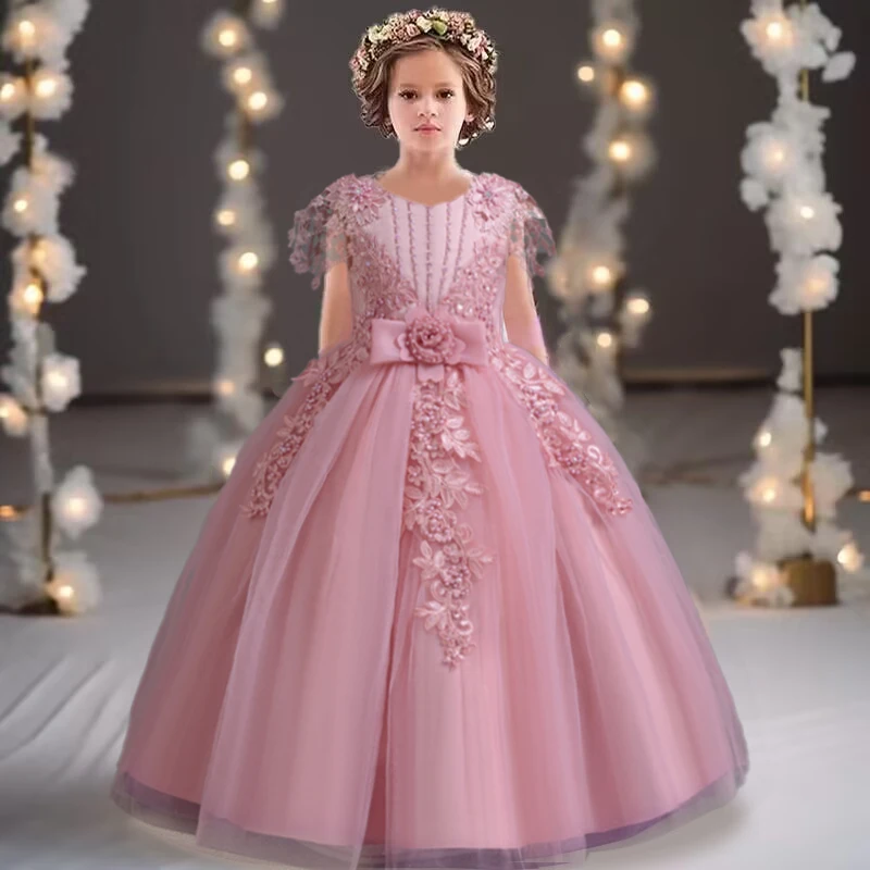 Summer 3-12 Birthday Party Girl Princess Dress Lace Embroidered Mesh Wedding Flower Boy Fashion Girl Elegant Evening Dress