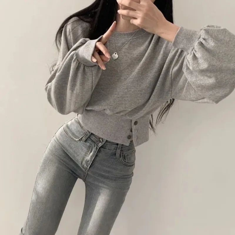 Sweatshirts Women Crop Sporty Leisure Autumn Ulzzang Buttons Design Baggy Defined Young Street Aesthetic Temper Daily Harajuku