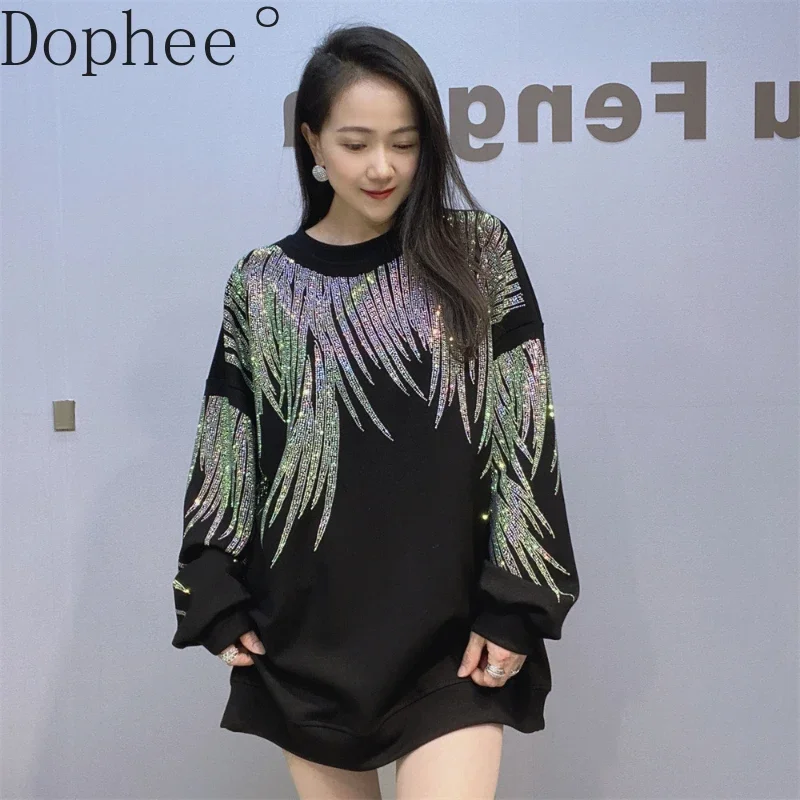 Shiny Wings Hot Drilling Female Sweatshirt All-match Autumn Winter Loose Basic Top Mid-long O-neck Casual Pullover Tops Black