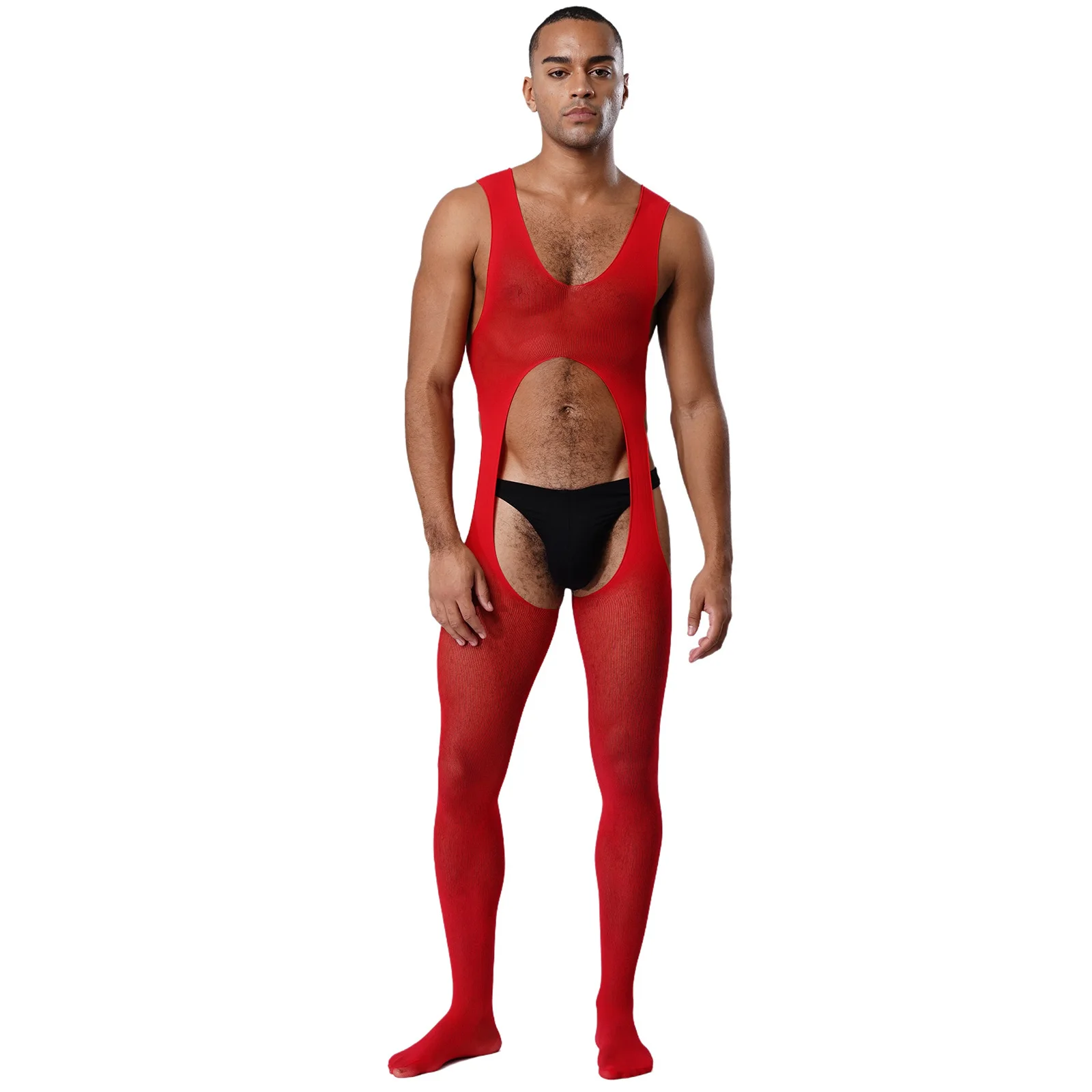

Men See Through Sheer Body-stockings Jumpsuit Sleeveless Hollow Out Opening Crotch Bodysuit Dating Night Role Play Fun Nightwear