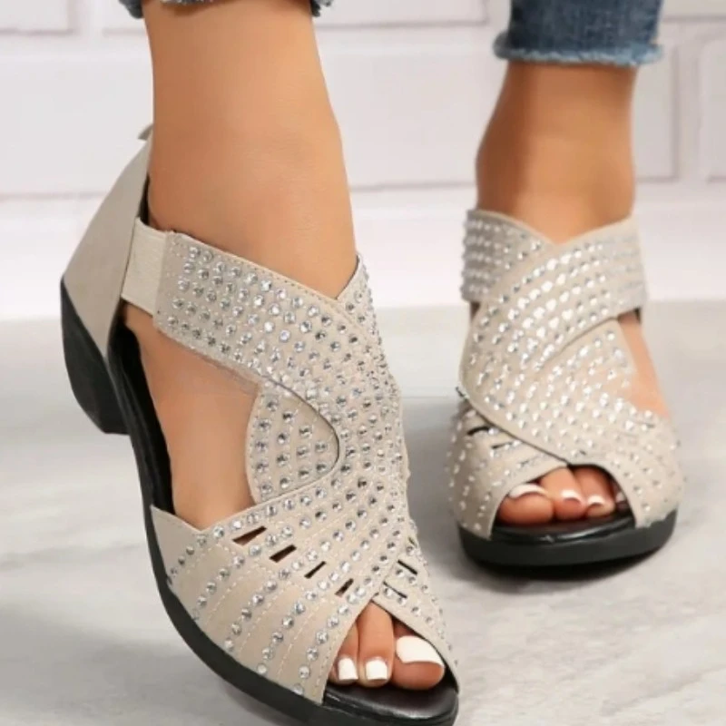 Modische Vielseitige Damenschuhe Sommer Neue Peeptoe-Absatzsandalen Weiche Sohle Rutschfeste Damen-Strass-Sandalen Босоножки Женские – Detail 12