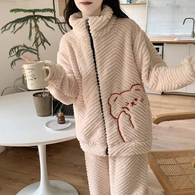 Long-haired cut flower pajamas women's 2023 winter sweet stand-up cardigan long-sleeved trousers plus size 110kg loungewear