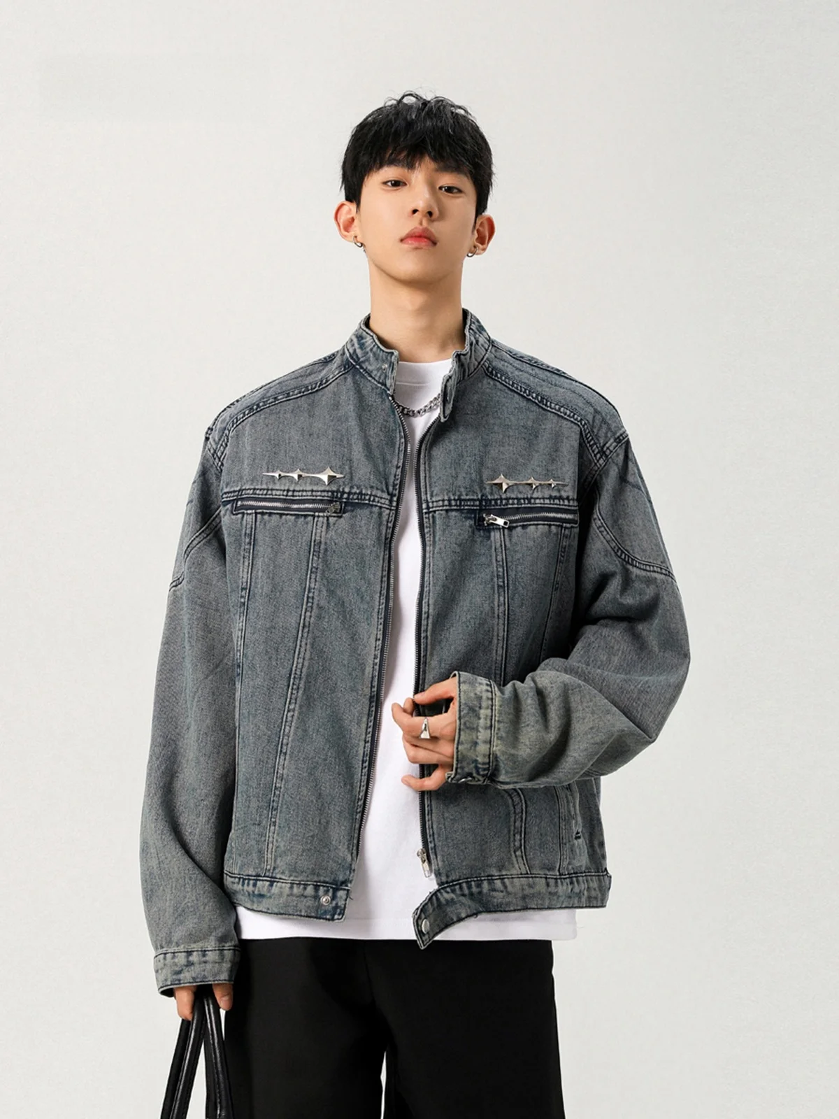 

Waed Denim Jaet Men's Winter Trend Loose Stand Collar Top High Street Versatile Loose Haome Outerwear American Retro