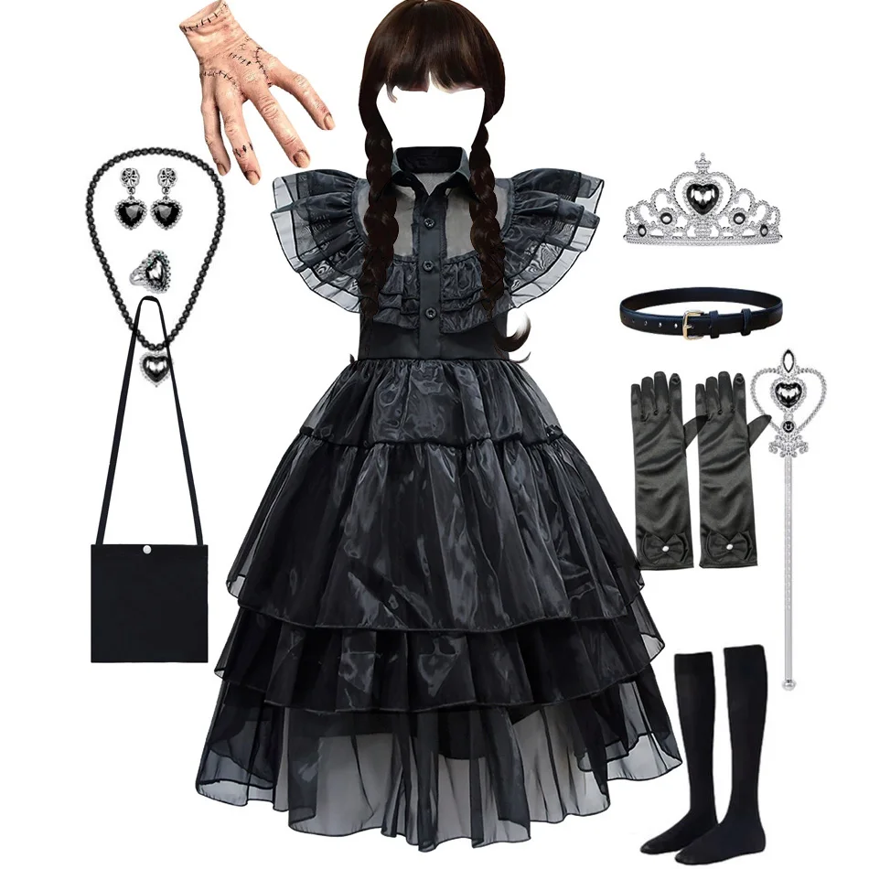 W-Wednesday Addams Costume Girl Birthday Princess Costume Black Fancy Halloween Carnival Cosplay Dresses for Kids