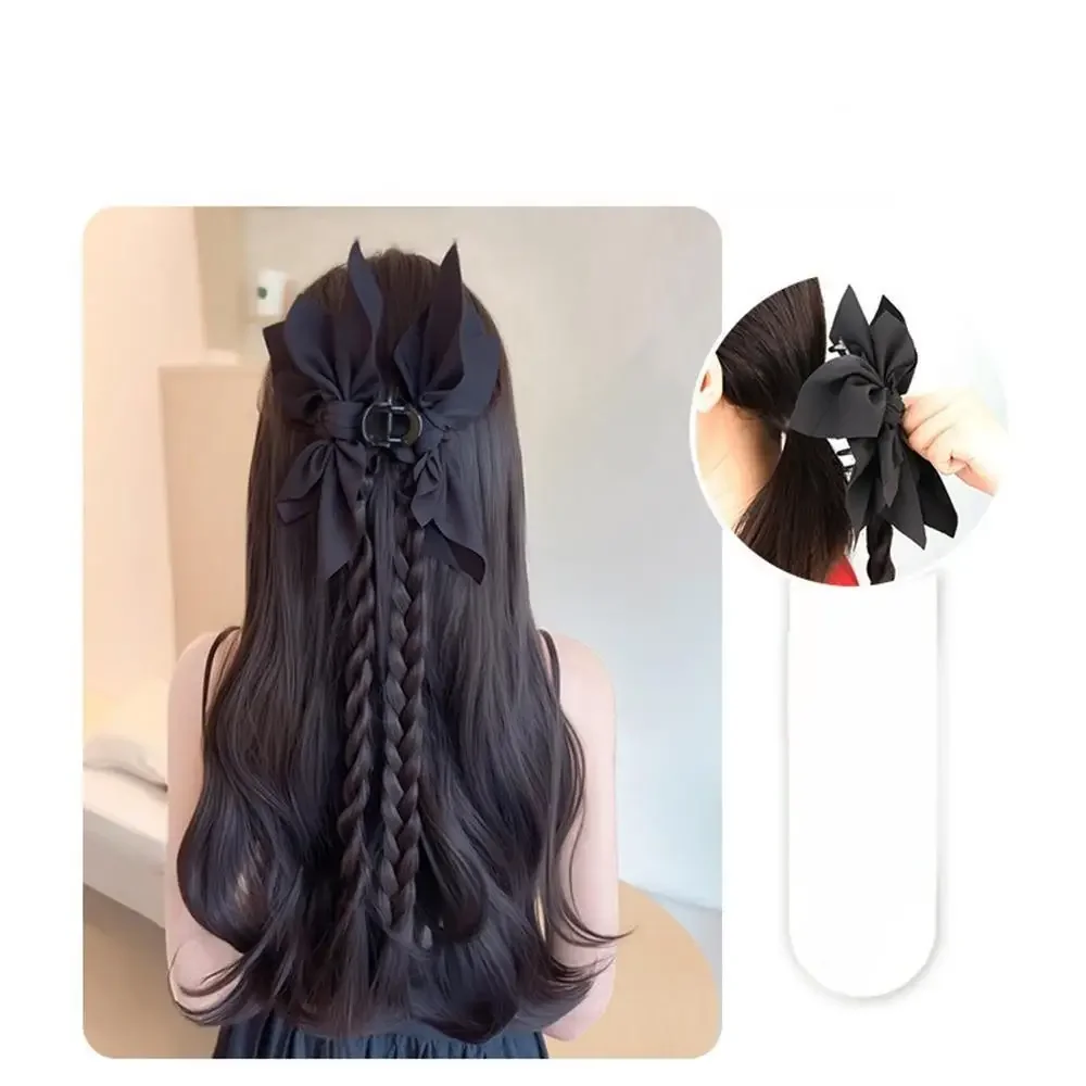 Women Black Bowknot Clip Twisted synthetic Braid Wig Natural Simulation Boxing Ponytail Hair Extension