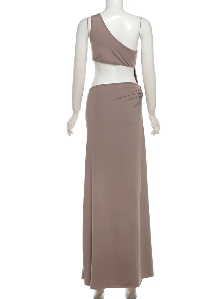 Leosoxs Kleid mit Metallschnalle für Damen, hohl, tailliert, Skew-Kragen, ärmellos, hoher Schlitz, elegant, Stretch, klassisch, Sommer, figurbetont