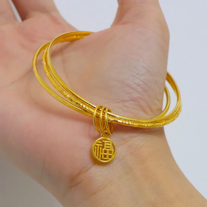 

Plated 100% 24K Real Gold 18K Sansheng III Bracelet Female Gold Bracelet 999 Gold Blessing Card Pendant Lotus Seedpod Bangle