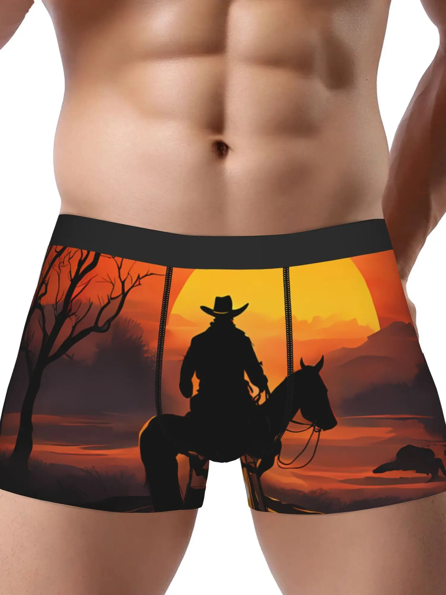 Vintage Western Sunset Print Boxer Briefs Stretch Polyester Underwear with Silhouette Cowboy Horse Design Comfortable
