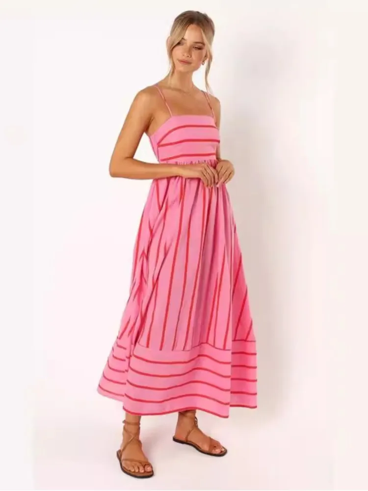 エレガントなストライプマキシロングドレス夏の女性スパゲッティストラップフリルバックレスプリーツ弾性ウエスト自由奔放に生きるパーティースイングル​​ーズドレス