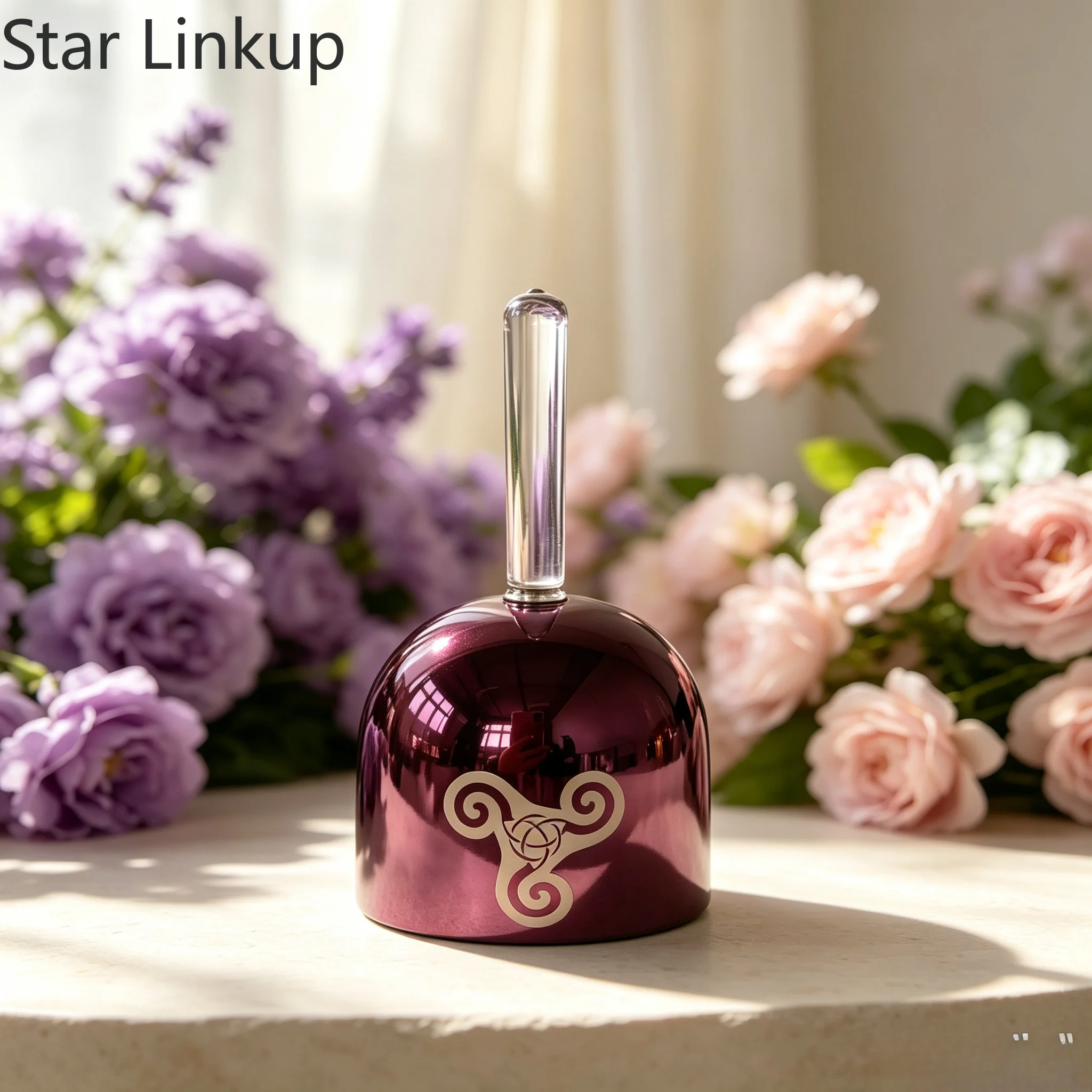 Star Linkup 432Hz Fourth Octave Handled Crystal Sound Bowl, Precise B Tone Tuning, Glossy Purple Body Carved With Triskelion & Triquetra Symbols