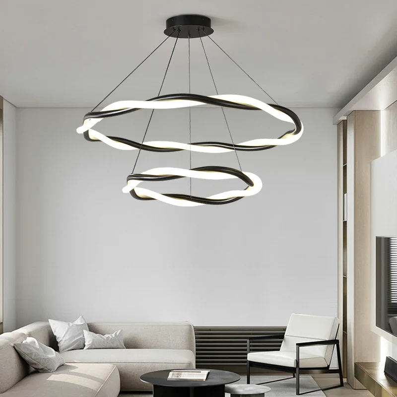 

Nordic Chandelier Living Room Dining Table Lighting Pendant Lights Bedroom Decoration Black White Circular Ring Lampshade Design