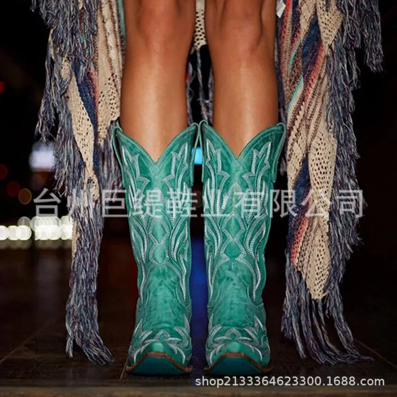 Damenstiefel, klassische bestickte Western-Cowboystiefel, Damen-Leder-Cowgirl-Stiefel, Schuhe mit niedrigem Absatz, kniehohe Damenstiefel