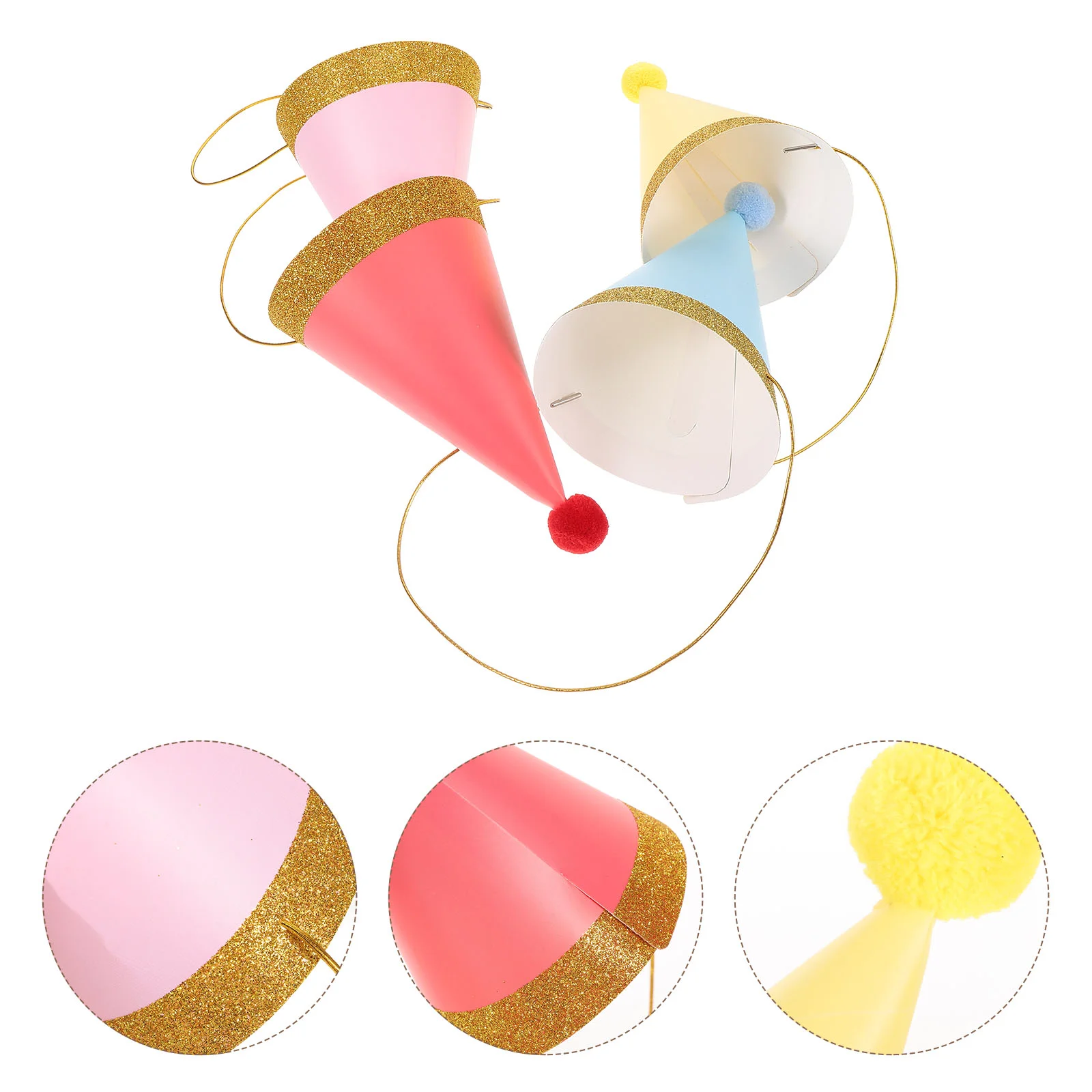 12pcs Kids Birthday Hat Glitter Party Golden Rim Photo Props for Children Decoration (Pink, Red, Yellow, Blue Each Three)