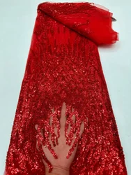 Luxury Red African Lace Fabric 5 Yards 2023 High Quality Embroidered French Sequin&Beads Tulle Nigerian Party Material Dress