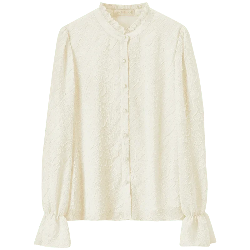 SENTUBILA Women Long Sleeve Shirts 2025 Autumn Jacquard Ruffles Stand Neck Flare Sleeve Blouses Elegant Clothing Woman 151C58162