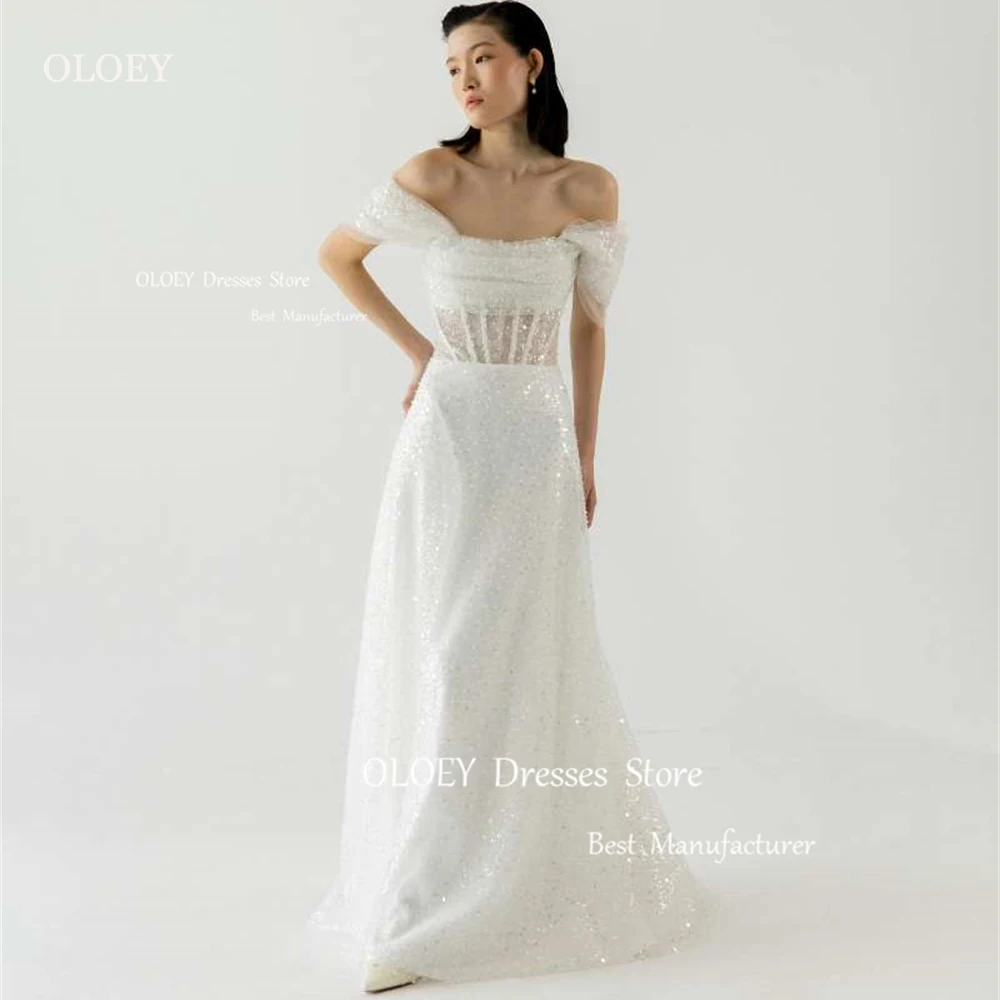 

OLOEY Elegant Ivory Shiny Wedding Dress Korea Sequined Pearls Tulle A Line Corset Bridal Gown Off Shoulder Custom Zip/Lace Up