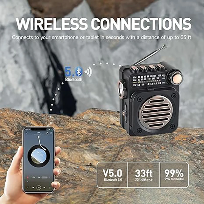 MINI FM Radio Pocket FM AM SW Radios Receiver Built-in Speaker Wireless Bluetooth 5.0 Music Player with LED Flashlight