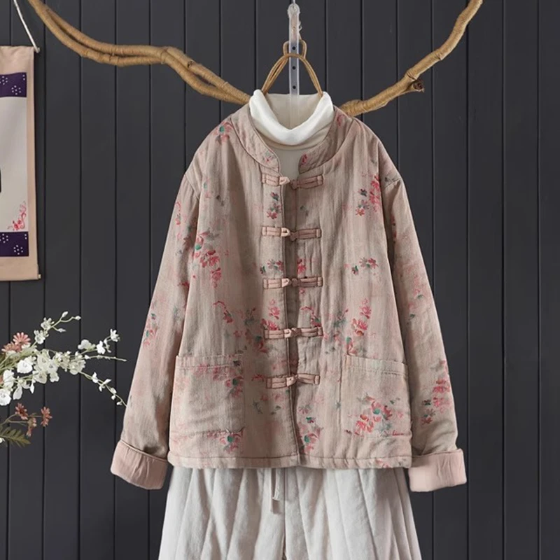 

100% Cotton Women Thick Warm Casual Coats New 2025 Autumn Chinese Style Vintage Floral Print Female Casual Quilted Jackets M1694