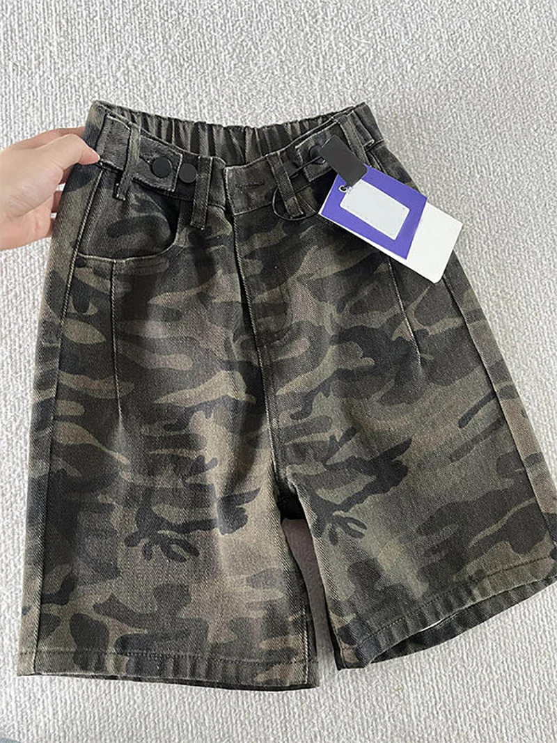 Camo Print Denim Shorts For Women Vintage High Waist Loose Straight Leg Wide Fit Hot Pants Summer Casual Commute Cargo Shorts