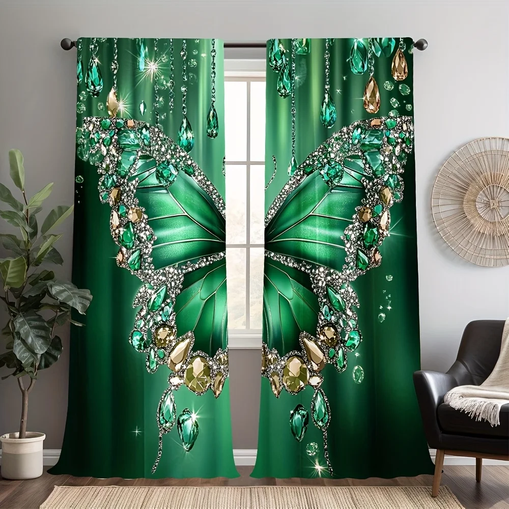 2pcs Emerald Butterfly Curtains Gemstone Wing Print Blackout Drape Living Room Bedroom Window Treatment Home Decor