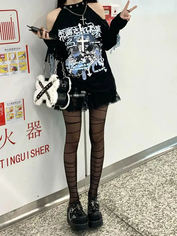 Design Sense Y2k Black Tee Spice Girl Shoulder-spilling Long-sleeved T-shirt Women's Loose Subculture Top