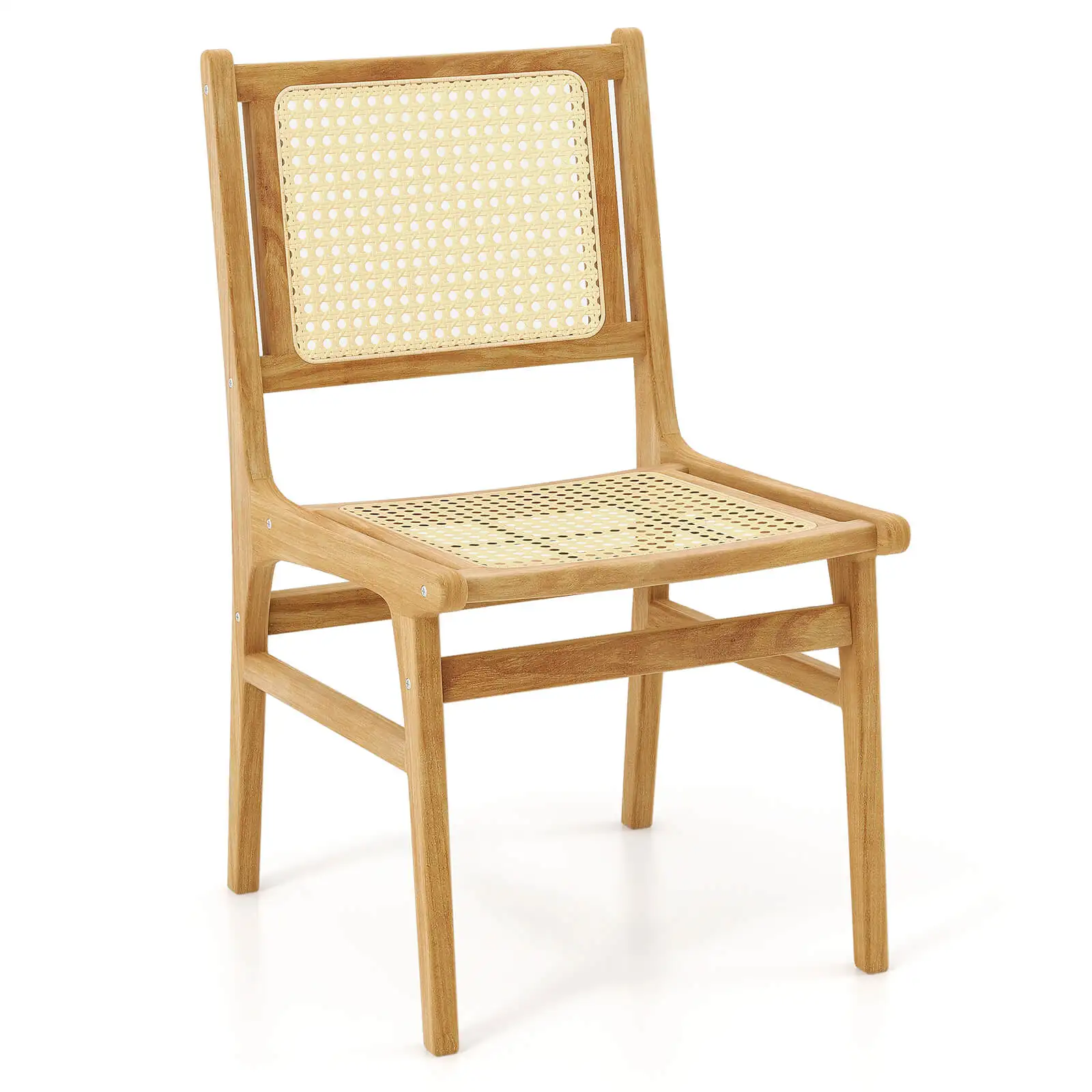 Rattan Dining Chair w/ Natural Cane Woven Backrest & Seat & Teak Wood Frame